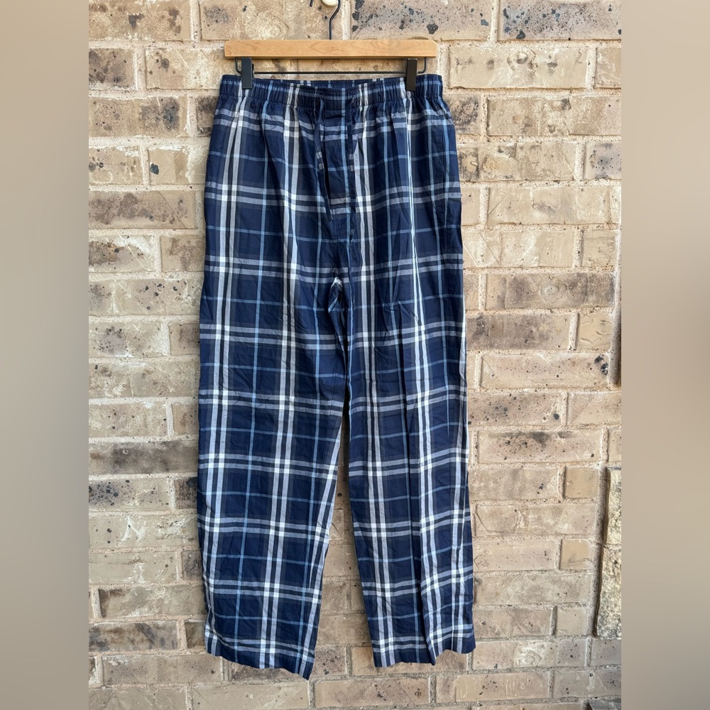 Burberry Navy and White Cotton Plaid Pajama Lounge Pants Size Large NWOT